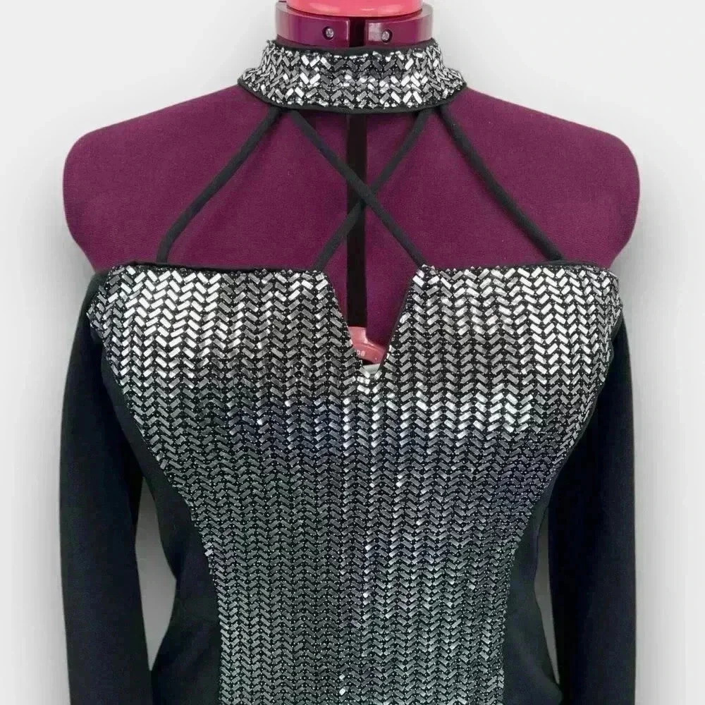 Venus Bodycon Cocktail Party Dress L Black Silver Sequin Halter Off Shoulder - Picture 4 of 10